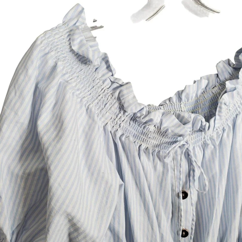 Gianni Bini Size L Dress Off Shoulder Puff Sleeve Coastal Stripe Country Cottage - Picture 7 of 12